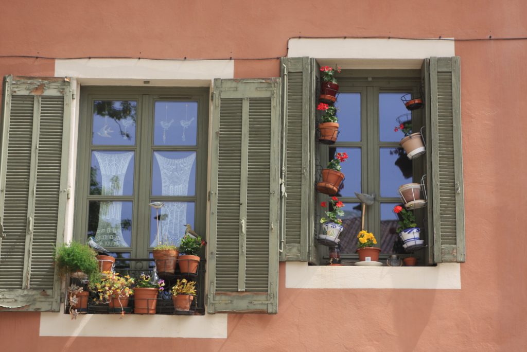 Blumentöpfe an Fensterläden