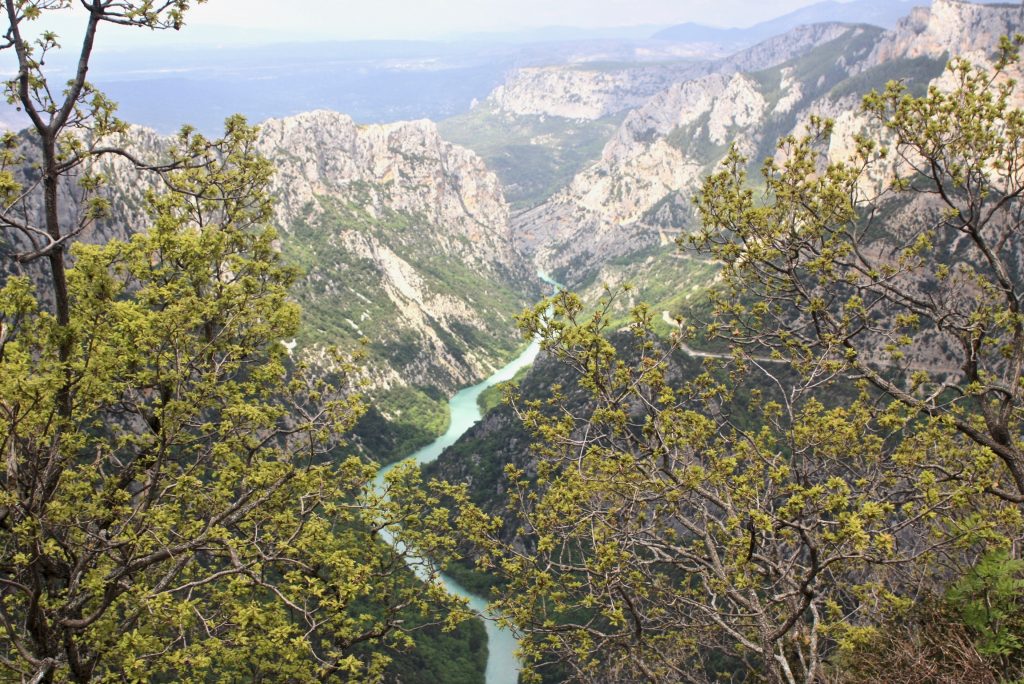 Blick von den 700 m hohen Felsen in die Schlucht auf das hellgrüne Flussband