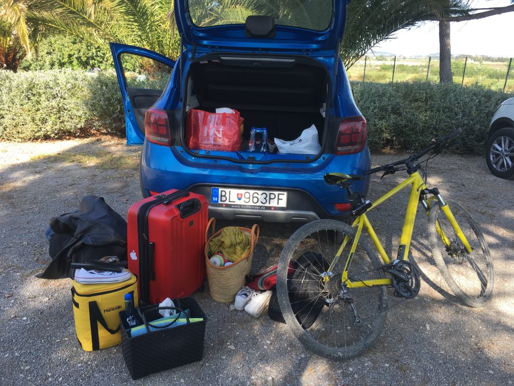 Offener Kofferraum mit Gepäckstücken und Fahrrad davor