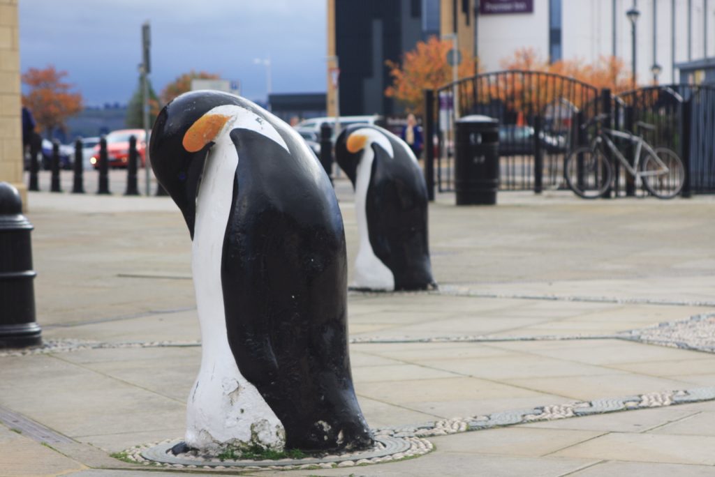 Pinguine aus Beton in geneigter Haltung